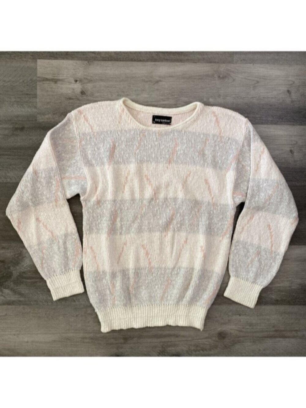 Tony Lambert Sweater Womens Medium Cream Peach Gray Knit Cotton USA Crewneck VTG
